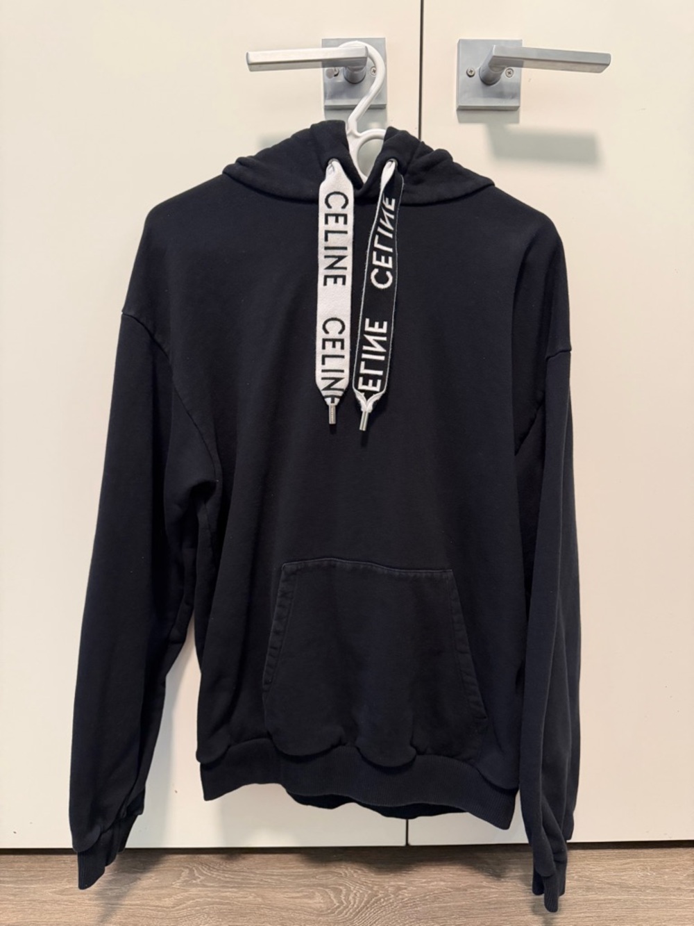 Celine Black Hoodie with White Logo Drawcords